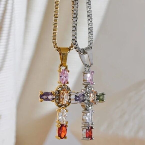 Vibrant Multi-Stone Cross Necklace - Picture 3 of 4